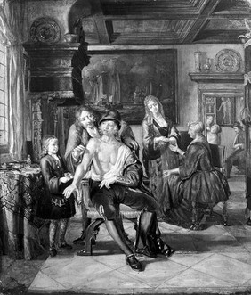 Interior of a surgery with a surgeon treating a wound in the arm of a man, with a boy and five other figures. Oil painting by Matthijs Naiveu.