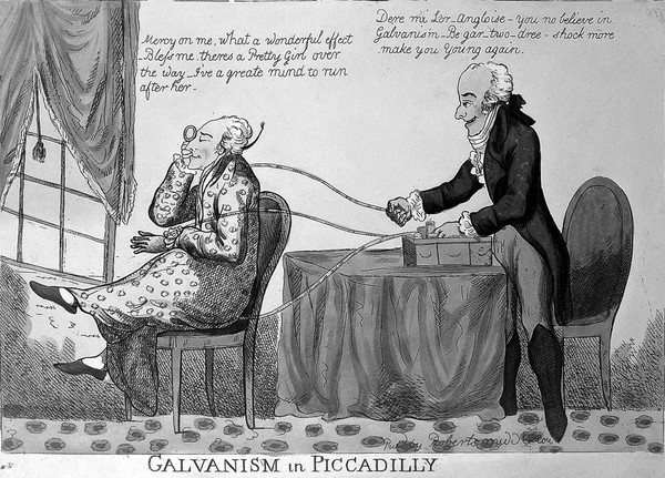 An affluent man receiving galvanic electric therapy from a French quack doctor, while staring intently out of the window. Coloured etching.