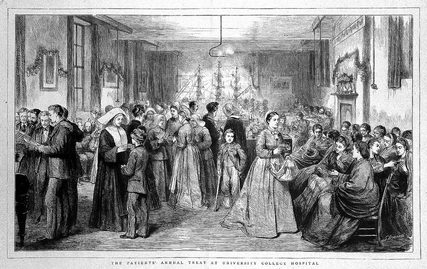 Christmas benefit at University College Hospital, London. Wood engraving after G. Durand, 1874.