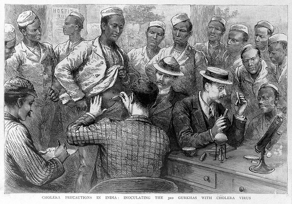 Cholera vaccination of the Third Gurkhas in India at the time of the 1893 epidemic. Reproduction, 1894, of a wood engraving.