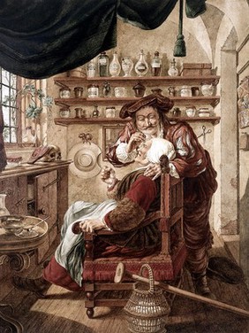 A barber-surgeon extracting stones from a woman's head; symbolising the expulsion of 'folly' (insanity). Watercolour by J. Cats, 1787, after B. Maton.