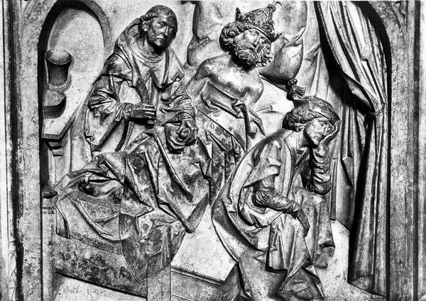 St Benedict removing a bladder-stone from Emperor St Henry II during his sleep and placing it in his hand; to right, a doctor, sleeping.