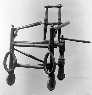 view A wooden parturition chair, 18th century.