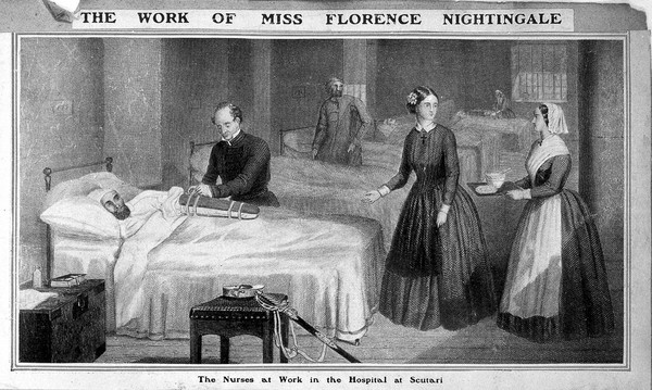 A hospital at Scutari, a surgeon setting an arm in a splint, F. Nightingale, a nurse. 'The work of Miss Florence Nightingale. The nurses at work in the hospital at Scutari'.