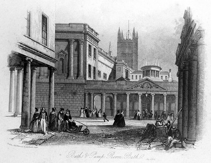 Street scene showing the baths and pump room, Bath. Line engraving, 1841.