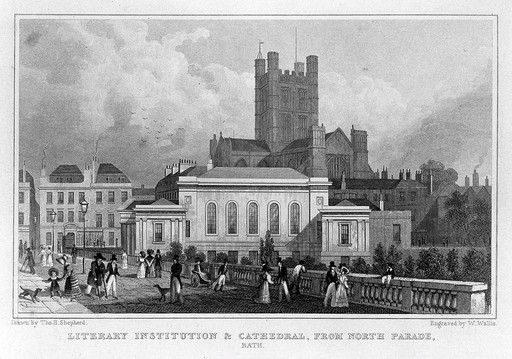 The cathedral and literary institution from North Parade, Bath. Steel engraving by W. Wallis, 1829, after T.H. Shepherd.