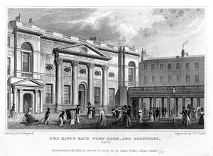 view Royal pump room and colonnade, Bath: exterior. Steel engraving by W. Wallis, 1829, after T.H. Shepherd.