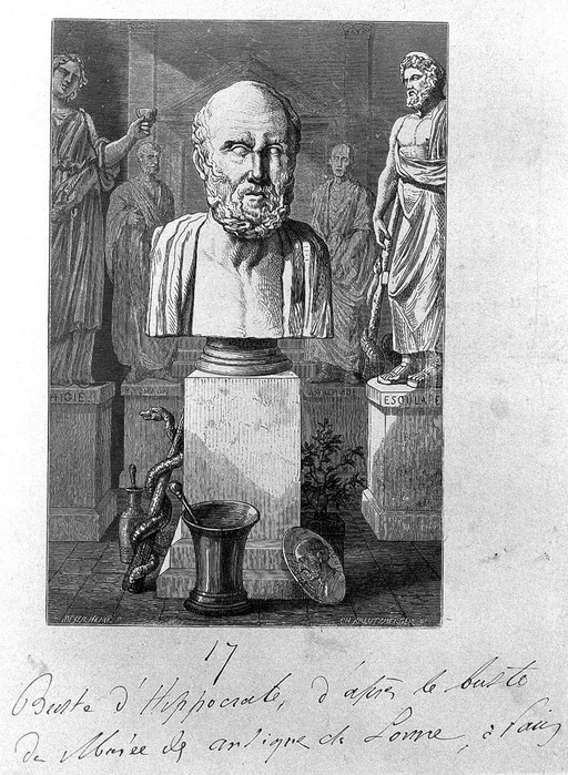 Wood engraving: bust of Hippocrates, with