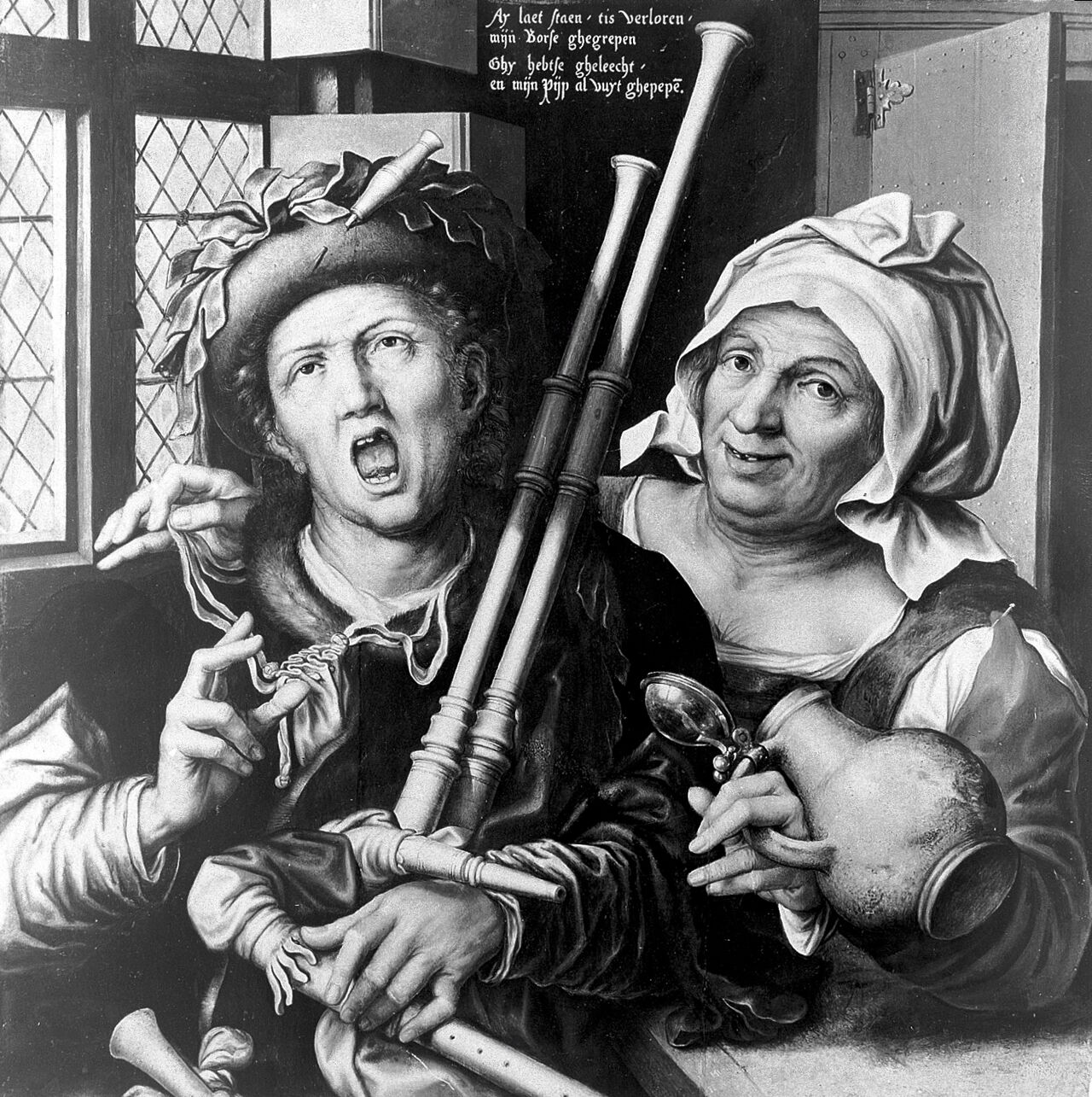 A bagpiper and a woman taking his purse, by Pieter Huys, 1571., by Pieter Huys