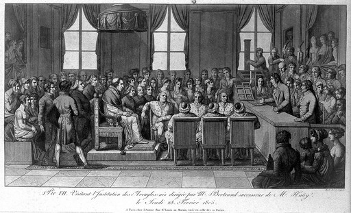 The Institut National des Aveugles-nés, Paris: interior during the visit of Pope Pius VII. Aquatint with etching by Marlé after himself, 1805.