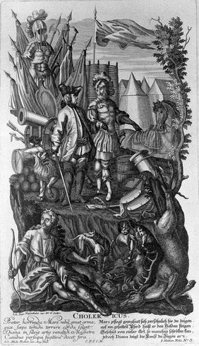 The goddess Diana presiding over military figures representing the choleric temperament. Etching by J.D. Nessenthaler, ca. 1750.