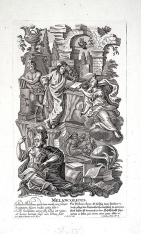 A depressed scholar surrounded by mythological figures; representing the melancholy temperament. Etching by J.D. Nessenthaler, ca. 1750.