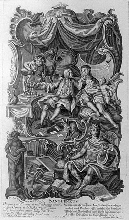 Apollo presiding over a gentleman of sensual appetite; representing the sanguine temperament. Etching by J.D. Nessenthaler, ca. 1750.