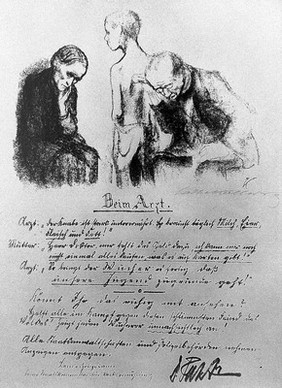 Charcoal drawing of a physician examining a boy, by Kollwitz