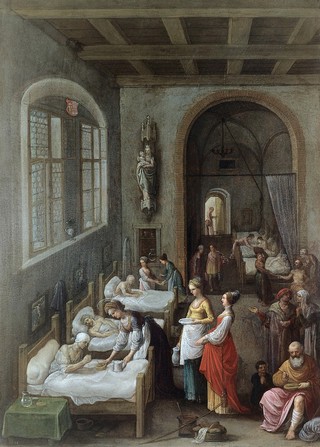 Saint Elizabeth of Hungary bringing food for the inmates of a hospital. Oil painting by Adam Elsheimer, ca. 1598.