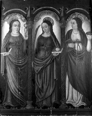 Saint Apollonia, Saint Agatha and Saint Lucy. Oil painting by a Spanish (?) painter, 16th (?) century.