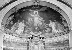 view Mosaic of Saint Cosmas and Damian being presented to Christ, 6th century.