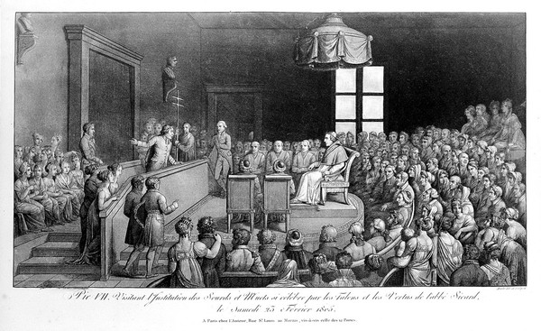 The Institut National des Sourds-Muets, Paris: interior during the visit of Pope Pius VII. Aquatint with etching by J.H. Marlet, 1805.