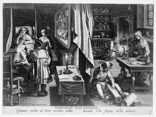 A man in bed suffering from syphilis, amidst a busy domestic scene. Line engraving by P. Galle after J. van der Straet.