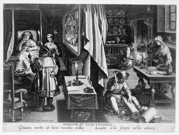 The preparation of the medicine guaiacum from a tree (right), and a man in bed suffering from syphilis, drinking a decoction of the medicine (left). Line engraving by P. Galle after J. van der Straet.