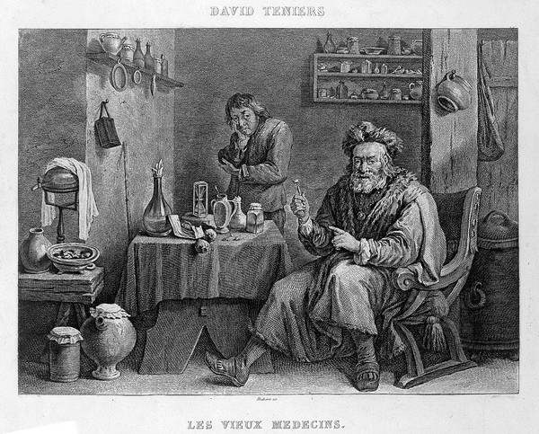 A tooth-drawer proudly holding up a tooth he has just extracted, the patient holding his face sulks in the background. Engraving by F. Hubert after D. Teniers II.
