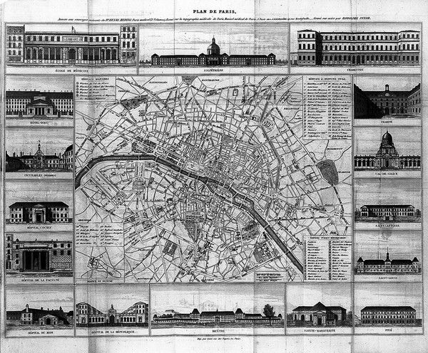 Bibliothéque du Paris médical enseignement et bibliographie de la médecine avec un plan de Paris indiquant les hospitaux, orné de seize vues des principaux hospices ... : (Extrait et continuation jusqu'a l'annee 1854 du ne tome de Paris médical ...) / par Henri Meding, D.M.