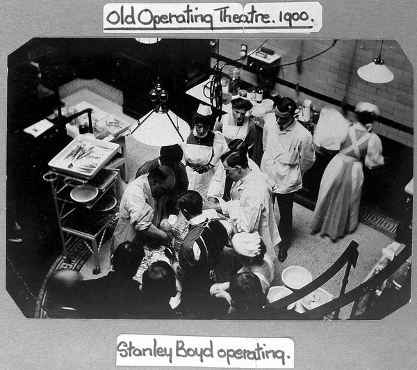 Charing Cross Hospital: Stanley Boyd in the old operating theatre. Photograph, 1900.