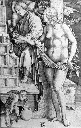 A man sleeps by a hot stove; a devil blows evil thoughts into his ear; Venus gestures towards the stove, and Cupid learns to walk on stilts in the foreground. Engraving by A. Dürer, ca. 1497-1498.