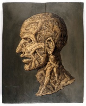The head of a man composed of writhing nude figures. Oil painting by F. Balbi.