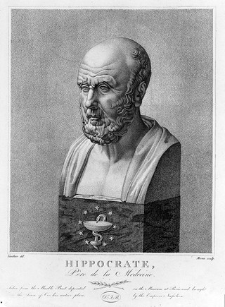 Hippocrates: bust directed to left. Stipple engraving by A. J. Mécou after J.A. Vauthier.