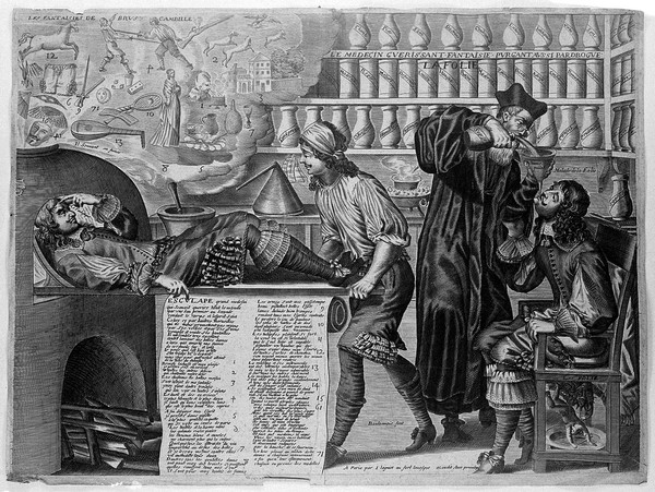A surgery where all fantasy and follies are purged and good qualities are prescribed. Line engraving by E. de Boulonnois, 16--.