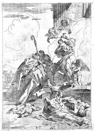 view Saint Nicholas and Saint Roch invoking the help of the Virgin to stay the plague. Etching by P. Testa.