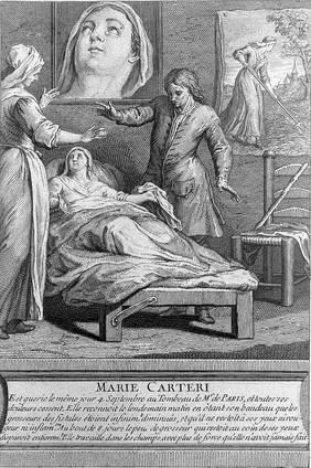 Marie Carteri convalescing after being cured from fistula lacrimal as a consequence of visiting the tomb of F. de Paris. Engraving.