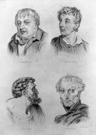 Four heads of men who each exhibit one of the four temperaments: (clockwise from top left) lymphatic, sanguine, bilious, and nervous. Engraving by W. Johnson and A.K. Johnson, early 19th century.