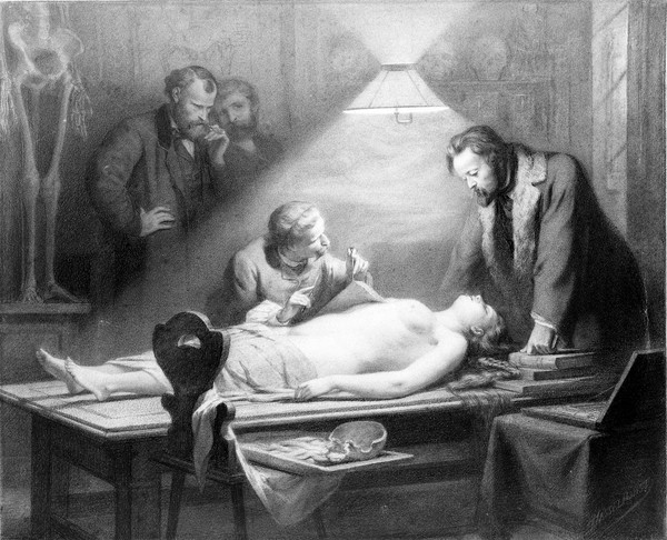 The dissection of a young, beautiful woman directed by J. Ch. G. Lucae (1814-1885) in order to determine the ideal female proportions. Chalk drawing by J. H. Hasselhorst, 1864.