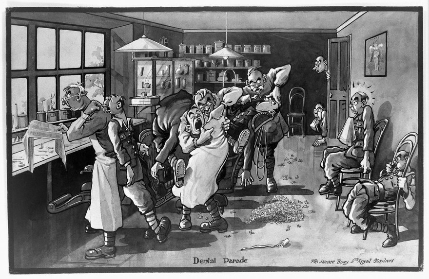 A military dental surgery where soldiers have their teeth extracted extremely quickly, whilst others are waiting for their operations. Pen drawing by H. Bury.