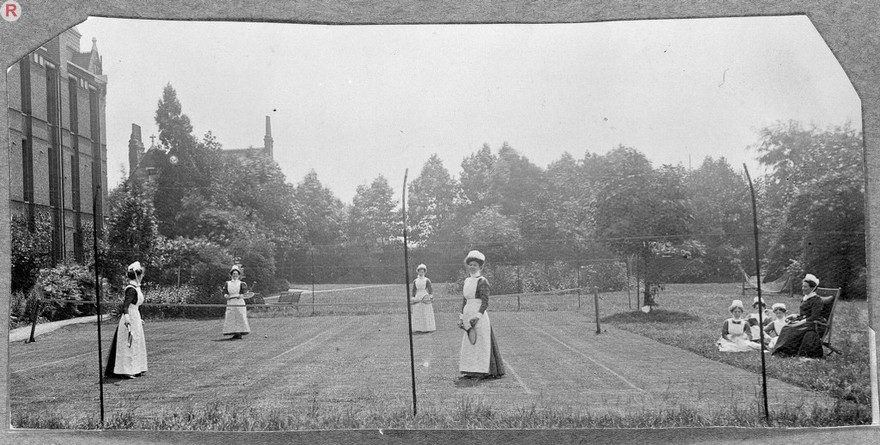 St Marylebone Infirmary, London: nurses playing tennis. Photograph, 1912.