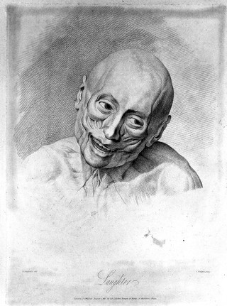An écorché face showing the movements of facial muscles during laughter. Stipple engraving by H. Singleton (?) after G.T. Stubbs after G. Stubbs, 1815.