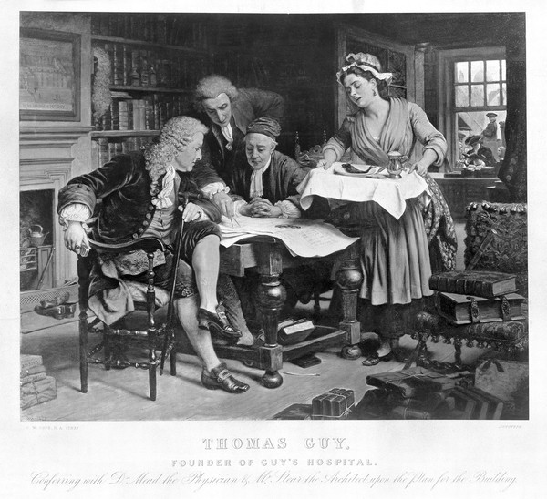 Thomas Guy meeting with others to discuss his hospital, a maidservant brings food and drink. Photogravure after C. W. Cope, 1871.