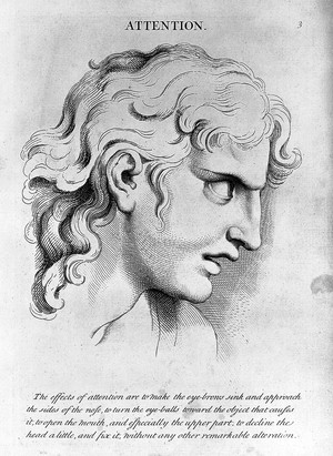 view "Attention" from le Brun, Heads. Representing the various passions of the soul..., circa 1760