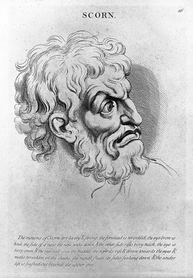 "Scorn" from le Brun, Heads. Representing the various passions of the soul..., circa 1760