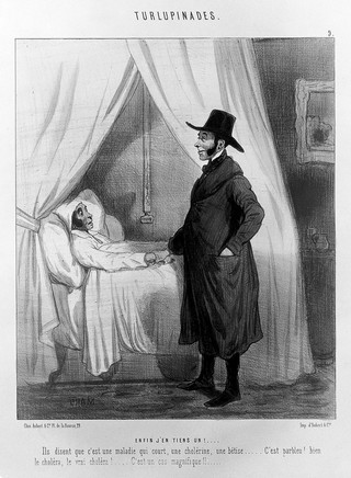 A doctor is delighted at confronting a full-blown case of cholera. Coloured lithograph by Cham, c. 1845.