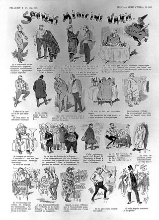 Nineteen scenes depicting popular disillusionment with doctors and medicine. Coloured wood engraving by Henriot, ca. 1900.