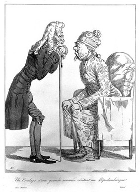 An eminent physician looks at the tongue of an elderly hypochondriac. Colour etching after J.F. Dunant, 1823.