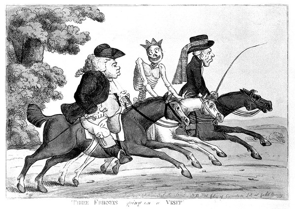 Three figures on horseback. Etching.