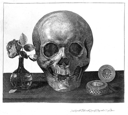 A skull with a timepiece and flowers Etching by William Faithorne, 16--, after Philippe de Champaigne.