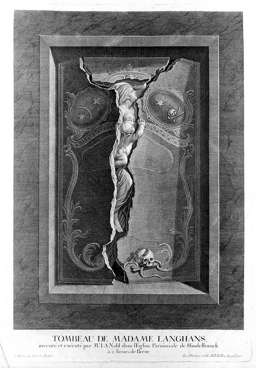 The tomb of Madame Langhans showing a young woman clutching a newborn baby and breaking through the lid of the tomb rising upwards. Line engraving with etching after J.A. Nahl.