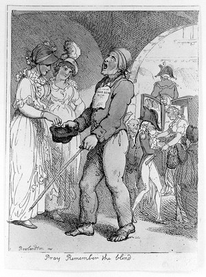 view A blind man walks in Covent Garden, begging for money with hat and placard, stops at two ladies, one who gives him money, meanwhile a young fop helps a lady from a carriage. Coloured etching by T. Rowlandson, c. 1802.