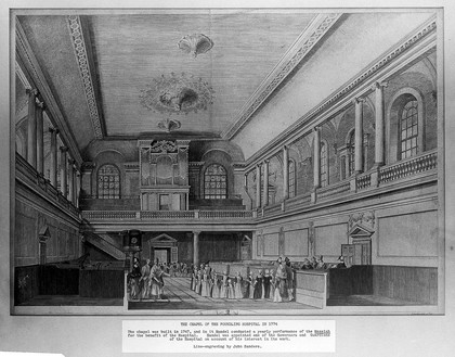 Foundling Hospital, Holborn, London: interior of chapel. Etching by John Sanders, 1774, after himself.