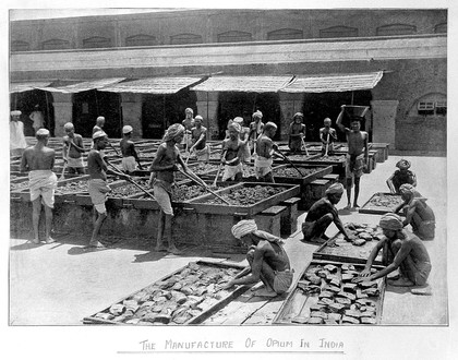 Indian workmen mixing and balling opium in a courtyard in Calcutta. Process print after a photograph by Bourne & Shepherd, c. 1900.